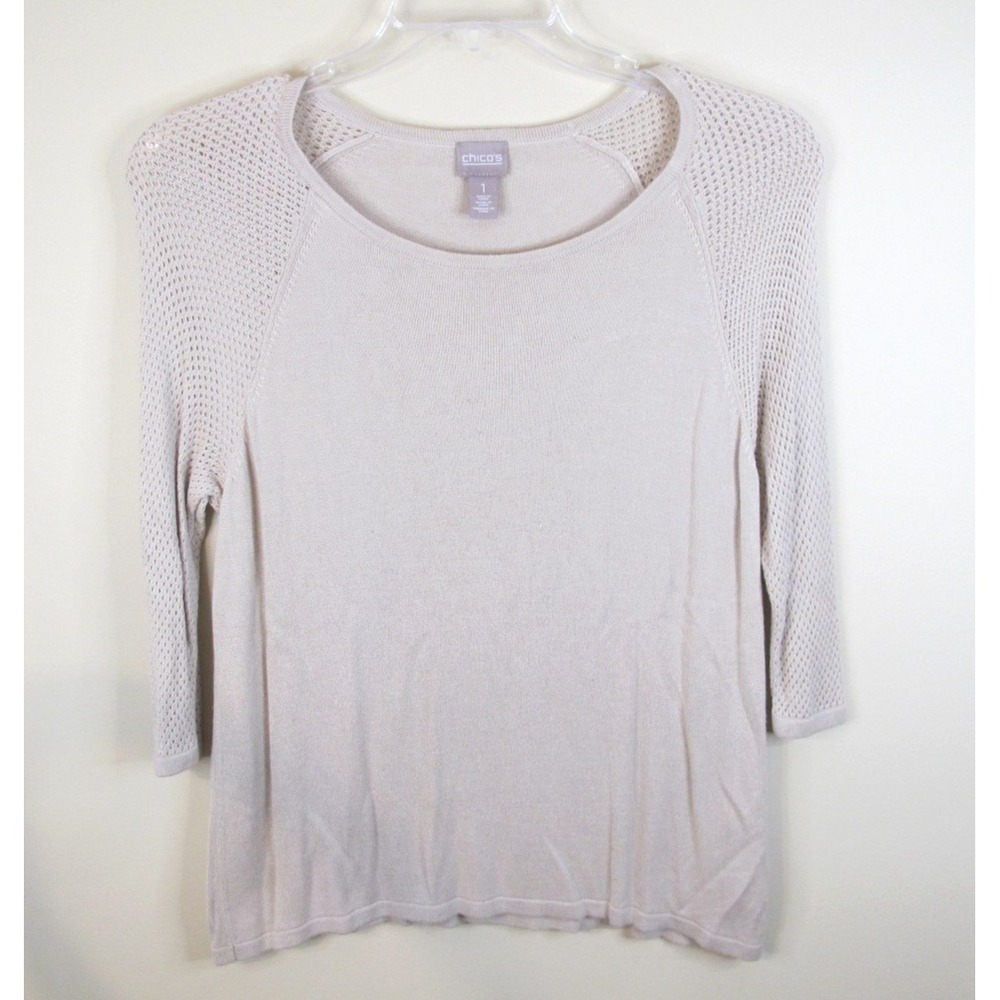 Chico's 3/4 Sleeve Round Neck Pullover Sweater‎ Top Women's Size 1 Beige